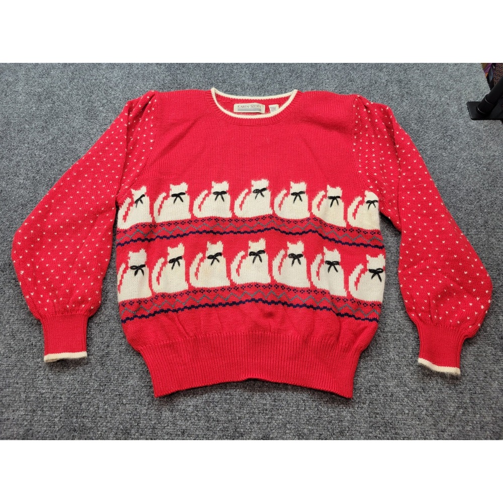 Vintage Karen Scott Red Cat Sweater Intarsia Knit Angora Blend Large Puff Sleeve